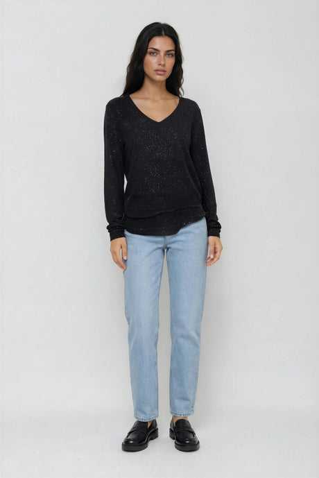 Confetti Ava V-Neck Mock Layer Long Sleeve T-Shirt in Black