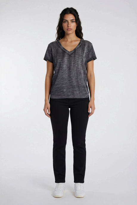 Glitter Ava V-Neck Mock Layer T-Shirt in Black