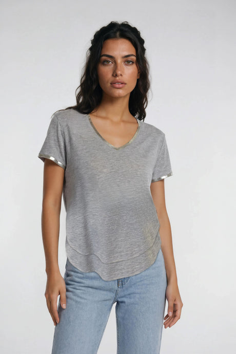 Foiled Ava V-Neck Mock Layer T-Shirt in Heather Grey