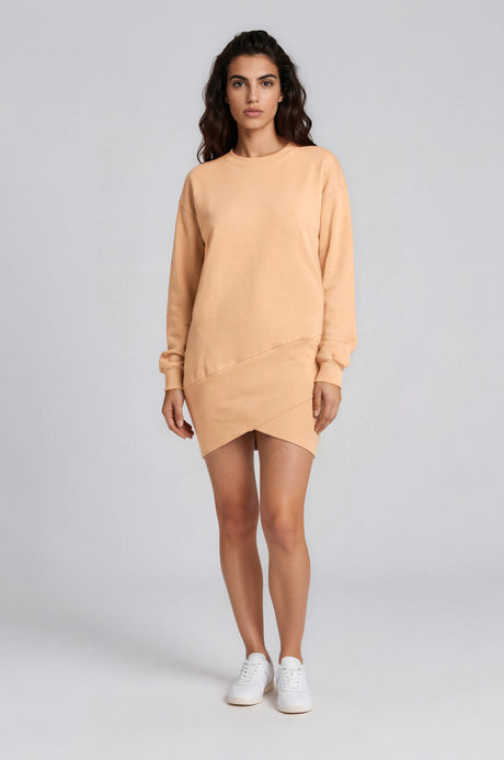 Woman wearing camel Brooklyn Sweatshirt Dress by CHRLDR, front view